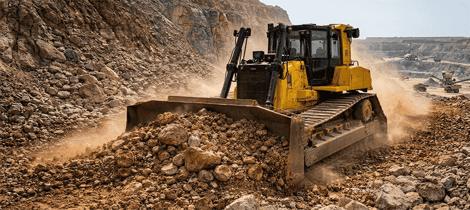 A large yellow bulldozer using its high torque to push a massive pile of rocks and earth in a quarry, demonstrating raw power.