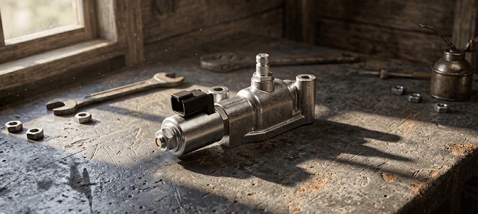 A TCC solenoid sits on a rustic workbench surrounded by wrenches and tools, representing the process of diagnosing and repairing the part.