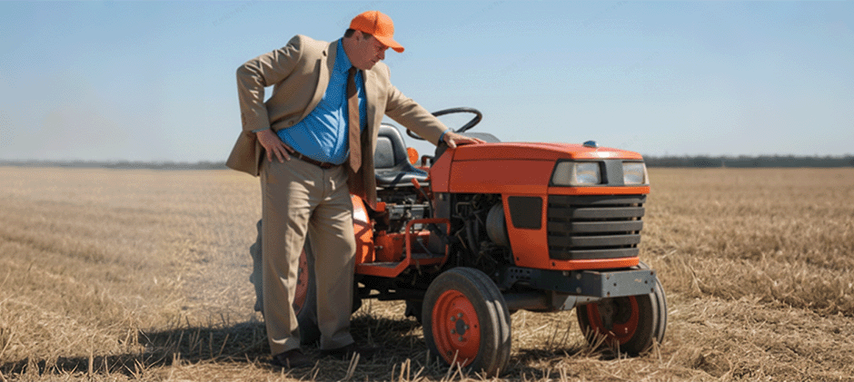 A man wearing a suit looks down with a concerned expression at the engine of his small orange tractor, which is stopped in a dry field.