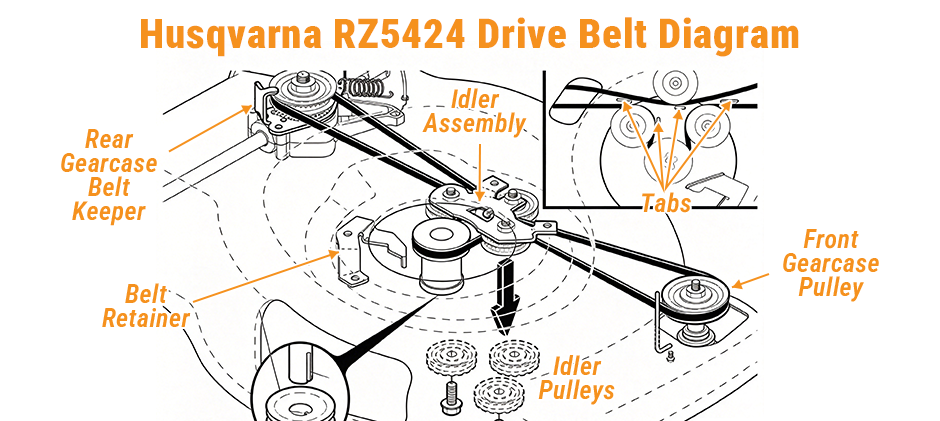 Husqvarna RZ5424 drive belt diagram detailing the path around the front gearcase pulley, idler assembly, and rear belt keepers.
