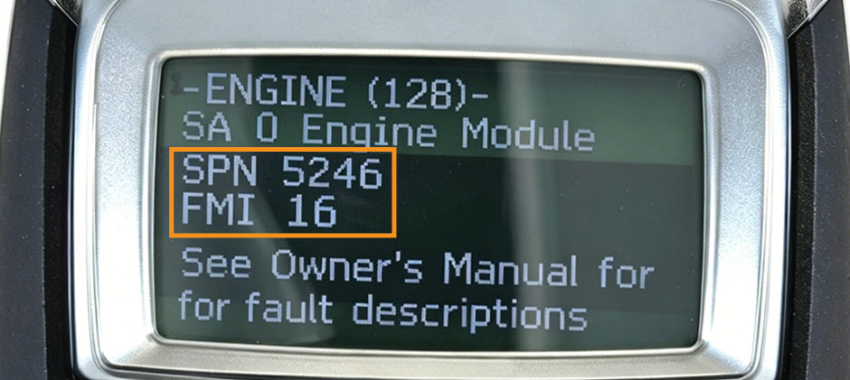 Engine module displaying the emissions fault code SPN 5246 FMI 16 on a diagnostic scanner.