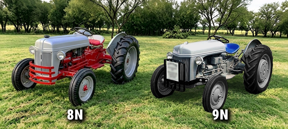 A side-by-side comparison showing a restored Ford 8N with its red belly and a restored all-gray Ford 9N, clearly labeled to show visual differences.