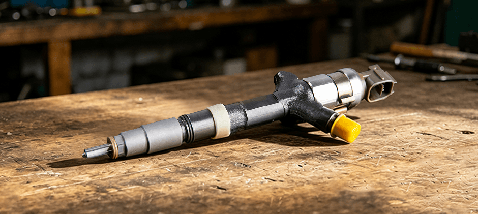 A modern common rail diesel fuel injector rests on a wooden workbench, ready for inspection and testing.