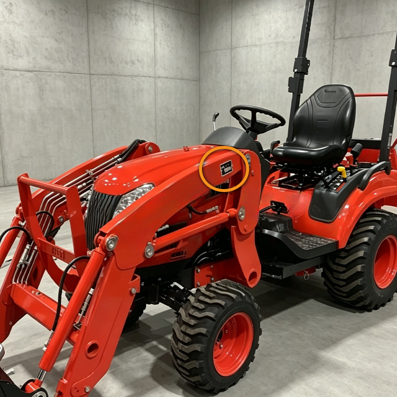 A circle highlights the serial number plate on the tower of a Kioti front-end loader attached to a compact tractor.