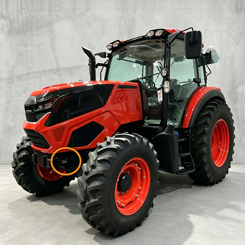 A circle highlights the serial number plate located on the front frame of a large Kioti utility tractor, below the main grille.