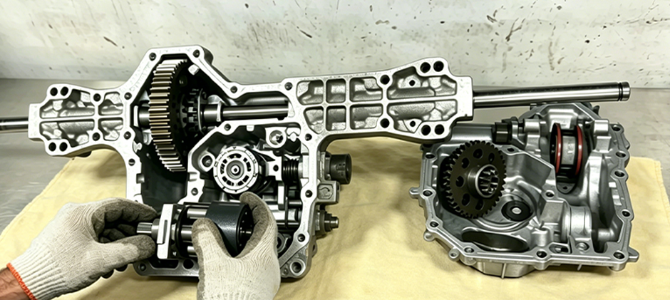 A technician repairing an open tractor transaxle, showing the internal gears and differential components being assembled.