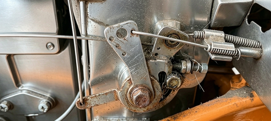 Close-up of a throttle cable connected to the governor lever on a diesel engine, showing the adjustment nuts and linkage.