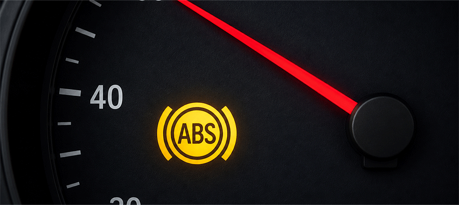 Close-up of an illuminated yellow ABS warning light on a vehicle's dashboard, indicating a problem with the anti-lock braking system.