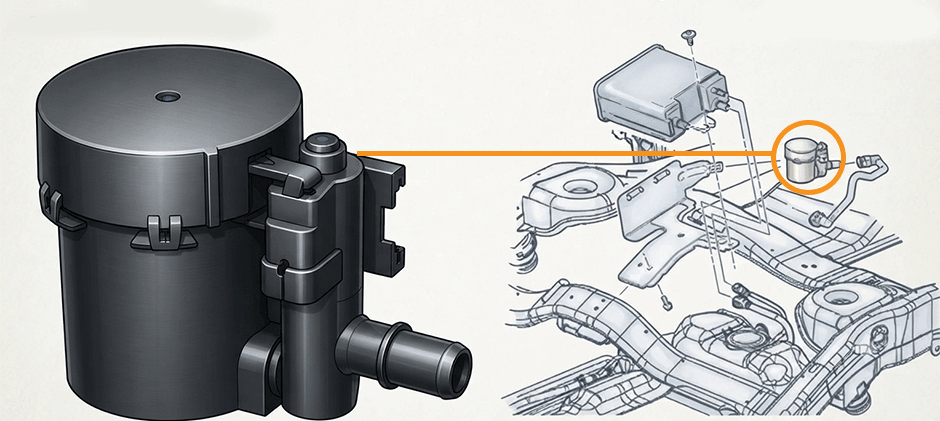 A diagram illustrating the appearance of an EVAP vent valve solenoid and its typical location near the charcoal canister on a vehicle's frame.