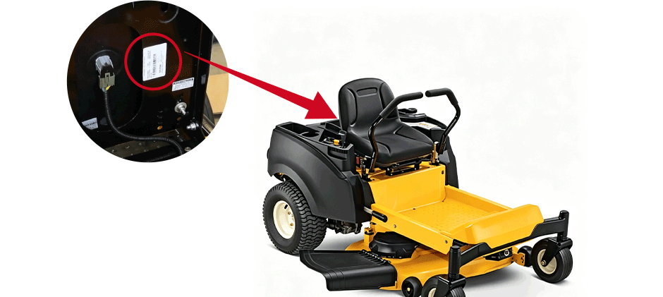 Diagram showing the location of the serial number sticker on a Cub Cadet zero-turn mower, found under the seat.