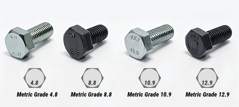 Four metric bolts lined up, showing the strength grade markings 4.8, 8.8, 10.9, and 12.9 stamped on their heads.