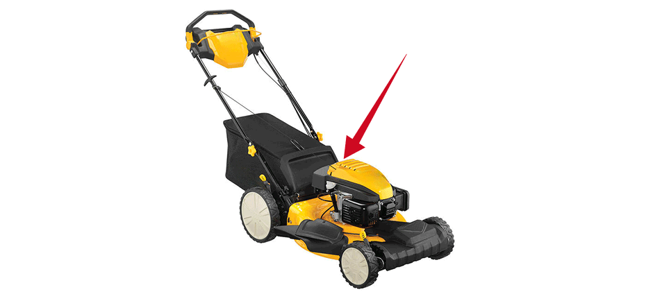 A Cub Cadet walk-behind mower with a red arrow indicating the model and serial number location on the rear left side of the cutting deck.