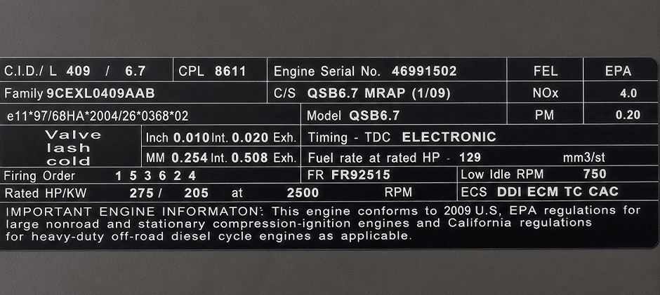 Dataplate from a modern Cummins QSB6.7 engine, showing the ESN, CPL, and emissions data needed for a parts lookup.