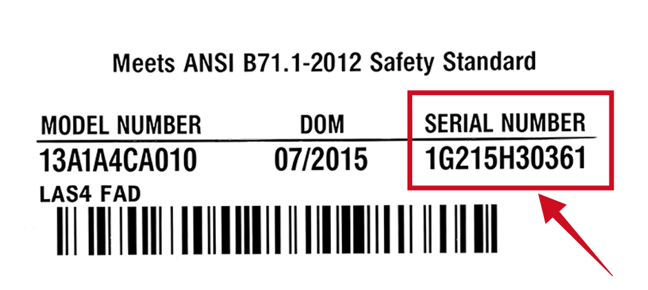 Close-up of a Cub Cadet product identification label with the serial number section highlighted.