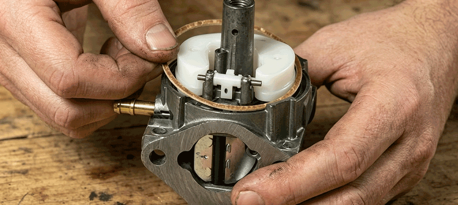 Lawn mower carburetor float bowl removed for cleaning