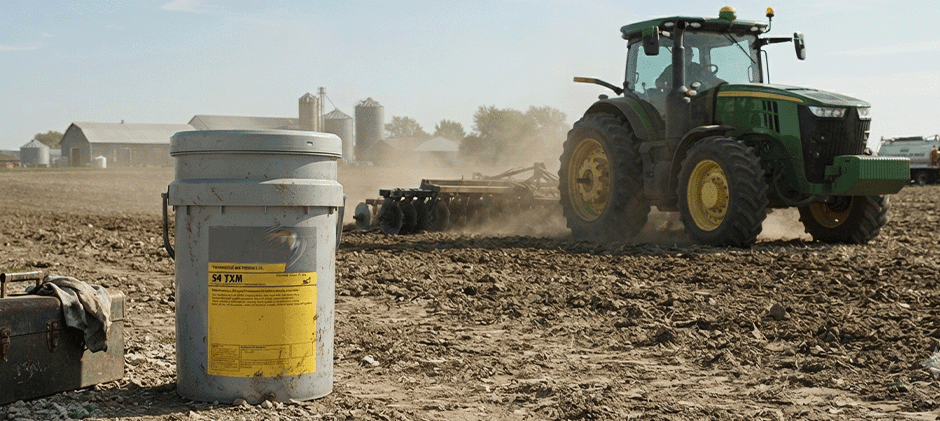A pail of Shell Spirax S4 TXM hydraulic fluid sits in a tilled farm field with a green tractor working in the background.