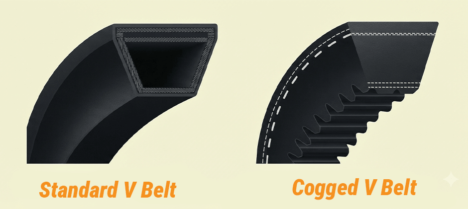 A diagram comparing the cross-section of a smooth standard V-belt and a notched cogged V-belt.