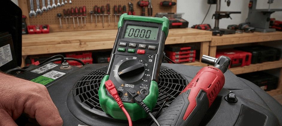 A multimeter set up for an amperage test, placed next to a battery and hand tools in a workshop setting. how to test for parasitic draw