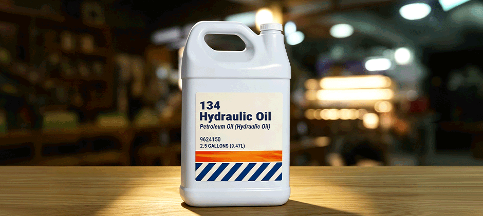 A 2.5-gallon jug of 134 hydraulic oil placed on a wooden workbench in a workshop setting.