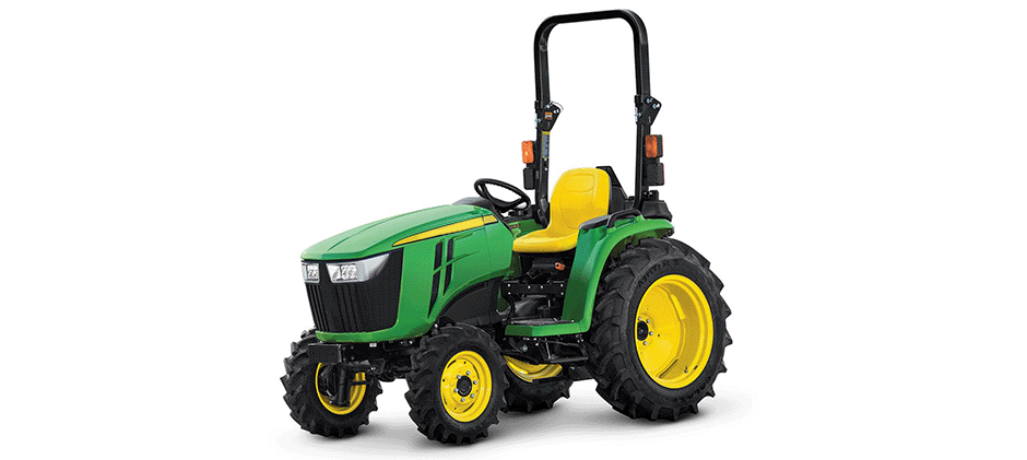 Side-profile studio shot of a John Deere 3038E compact utility tractor.