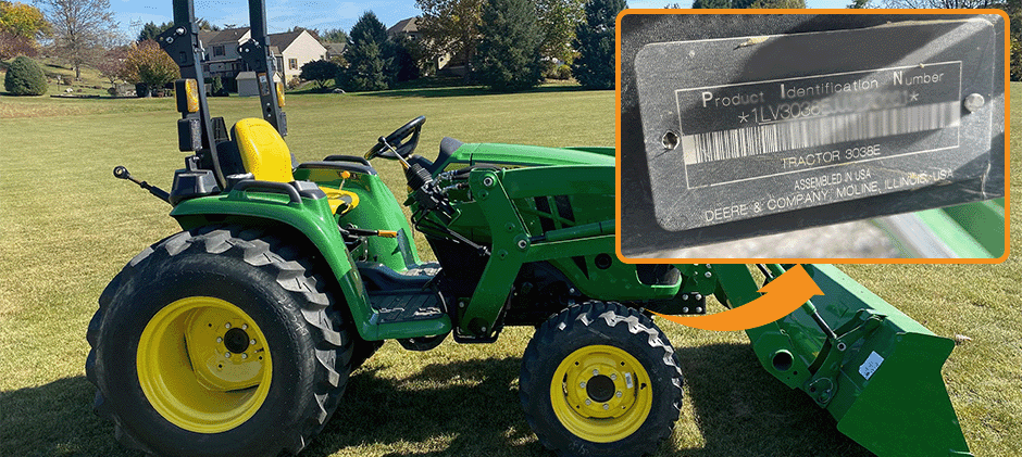 Location of the Product Identification Number (PIN) plate on a John Deere 3038E tractor.