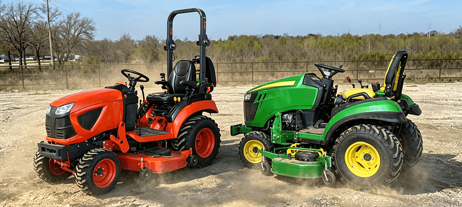 Kubota and John Deere compact tractors side by side
