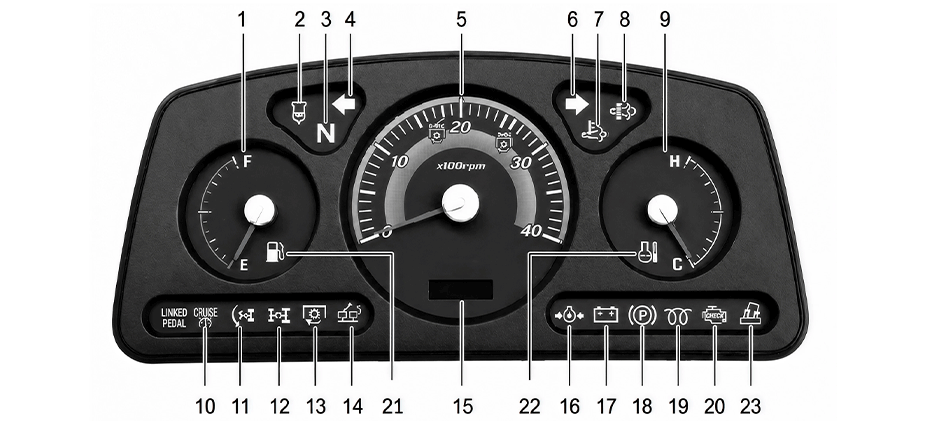 An illuminated Kioti tractor instrument cluster showing the tachometer, fuel gauge, temperature gauge, and various active warning light symbols.