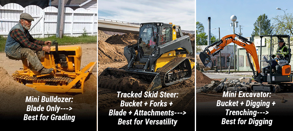Mini Bulldozer vs Tracked Skid Steer vs Mini Excavator