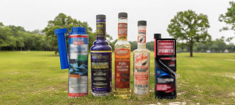 Several popular brands of diesel injector cleaners lined up outdoors.