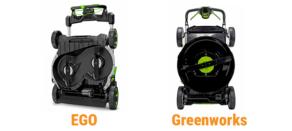See the EGO and Greenworks mowers in a typical backyard. This image shows their relative size and design in a real-world environment.