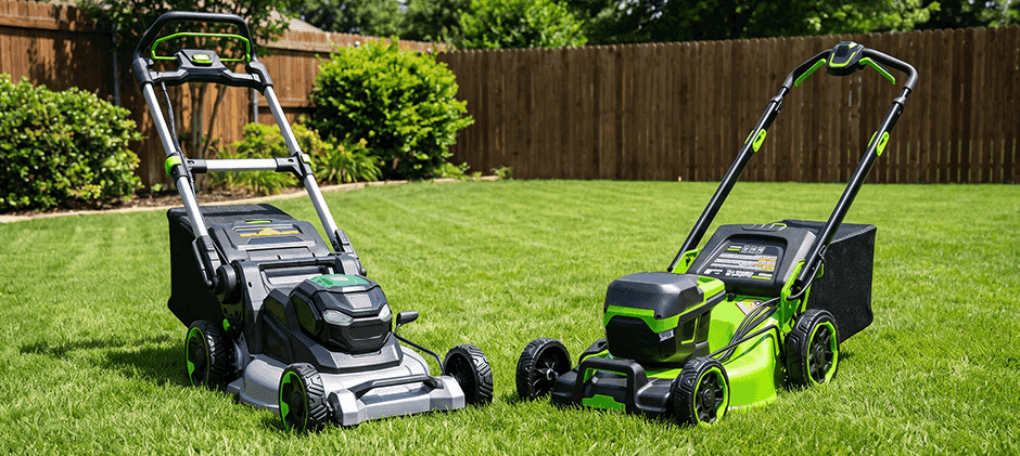 An EGO mower and a Greenworks mower sitting on a freshly cut lawn in a backyard setting.