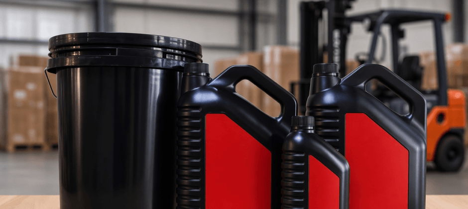 Mechanic wiping a dipstick to check the engine oil level on a forklift.