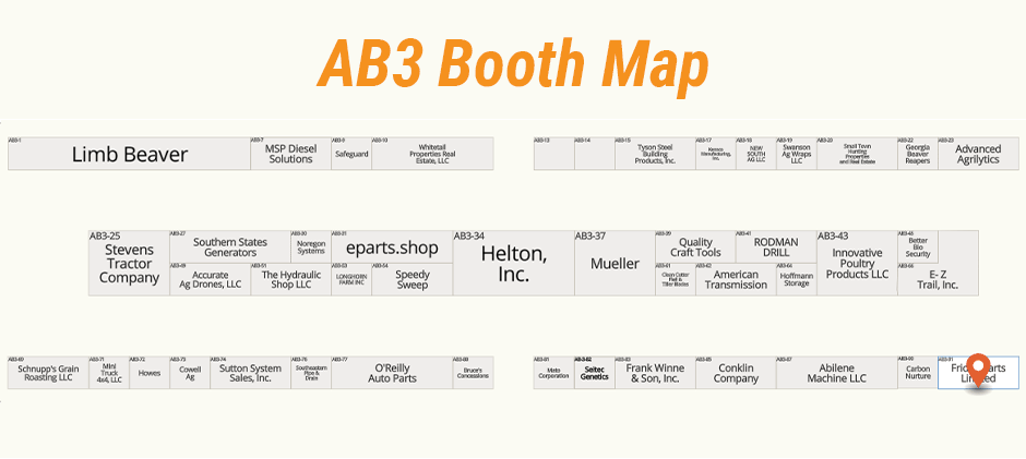 Detailed map of the AB3 building showing FridayParts at booth AB3-91 next to Carbon Nurture.
