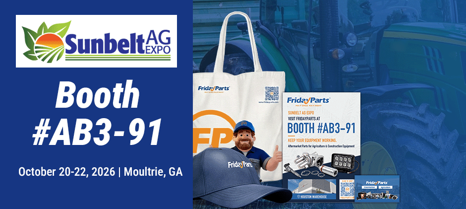 FridayParts promotional swag including a tote bag, hat, and flyer for Sunbelt Ag Expo booth AB3-91.