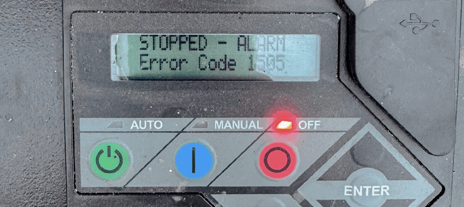 Red off light illuminated on Generac panel with error code 1505.