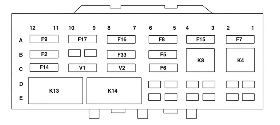 Fuse box grid diagram for John Deere 333G showing rows A–E and columns 1–12 with labeled F and K slots.
