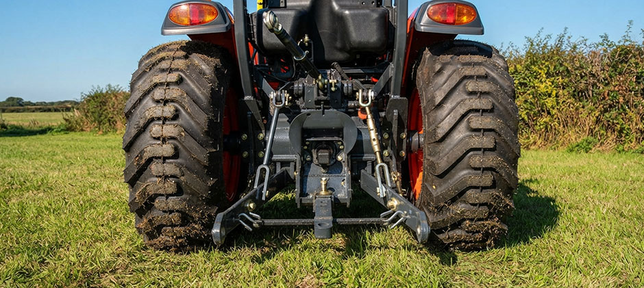 Close-up of a Kubota compact tractor rear 3-point hitch and hydraulic lift arms.