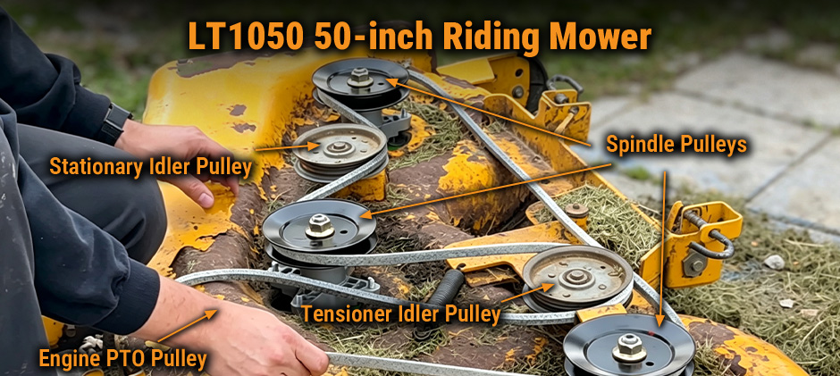LT1050 50-inch riding mower deck belt diagram.