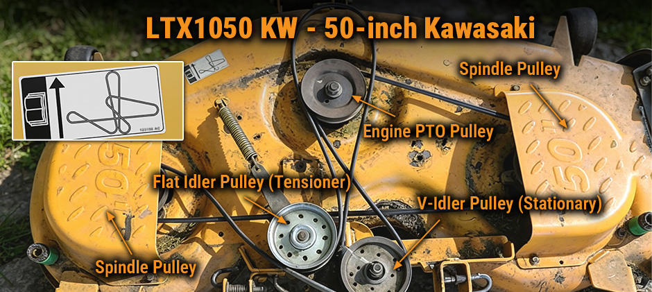 LTX1050 KW 50-inch deck belt routing diagram.