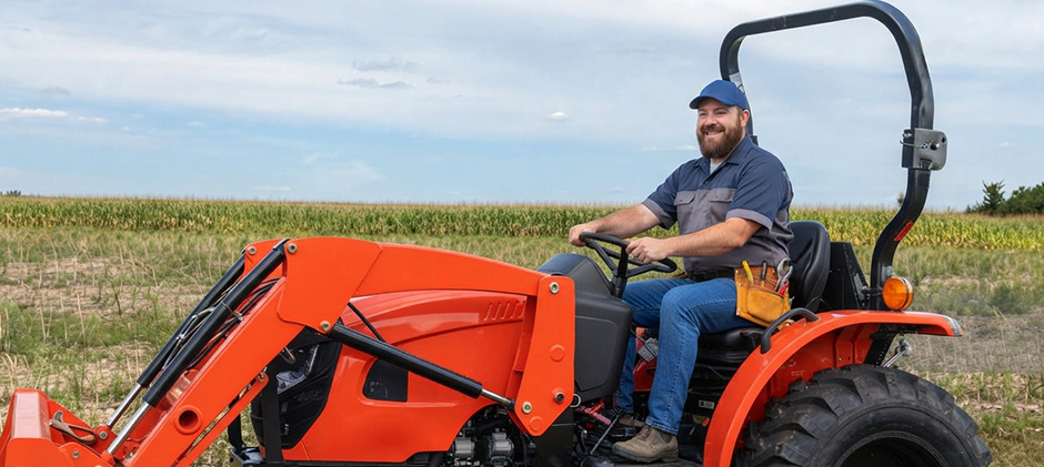 A smiling man wearing a blue cap and a tool belt operates an orange Bad Boy tractor in a field.