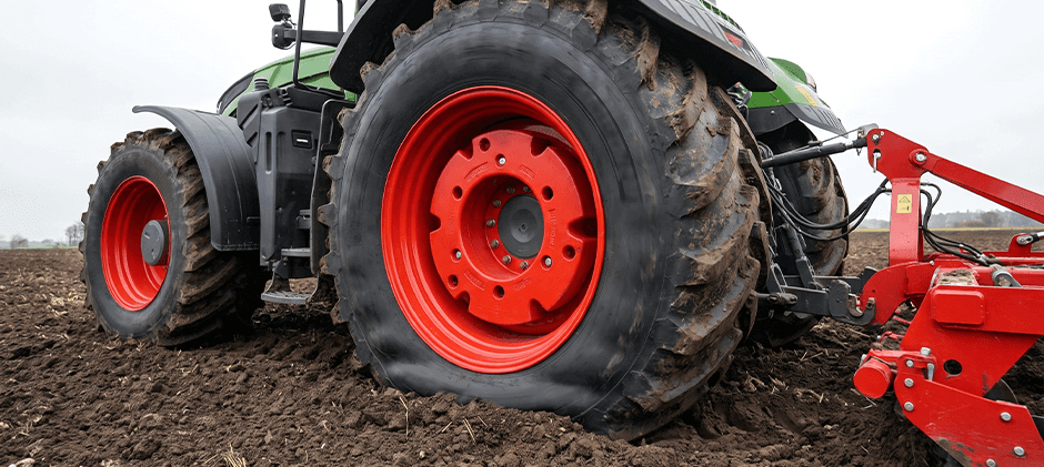 Fully inflated rear tractor tire securely seated on the rim while pulling farm equipment.