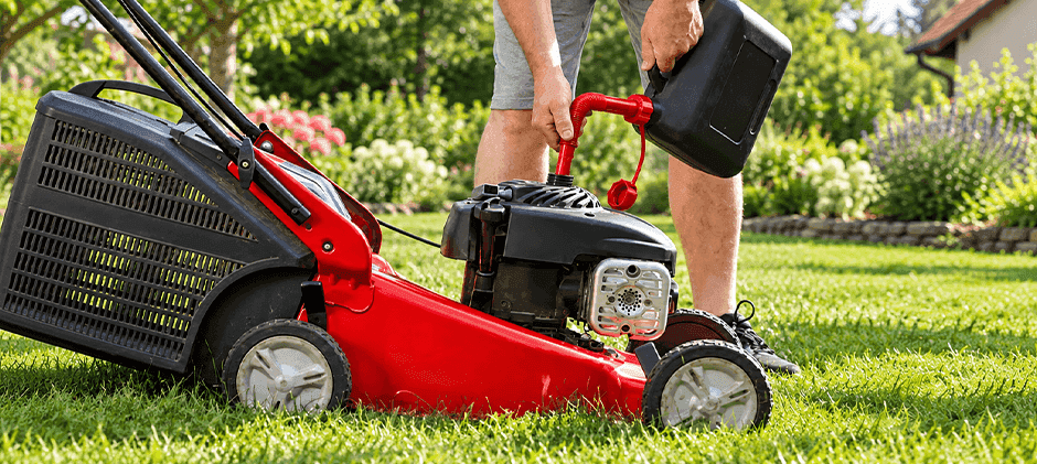 A homeowner adding fuel to a red gas-powered push mower on a green lawn.