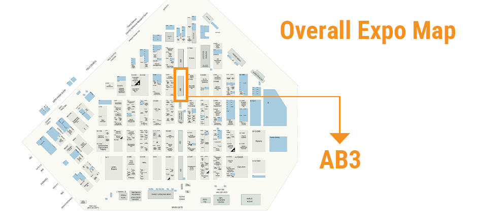 Overall map of the Sunbelt Ag Expo 2026 highlighting the AB3 building location.