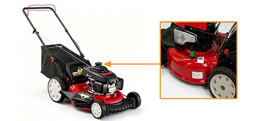 Arrow pointing to the serial number tag on the rear-left side of a Troy-Bilt push mower cutting deck.