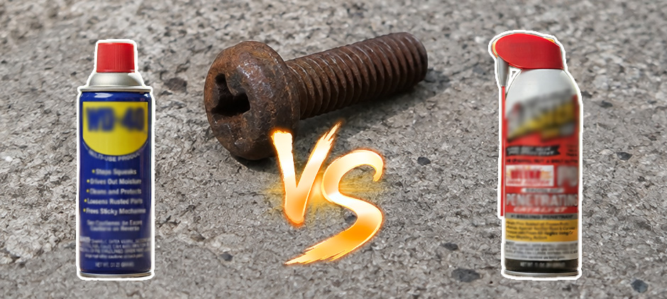 A can of WD-40 and a can of penetrating oil are shown on either side of a large, rusty bolt with a fiery 'VS' graphic in the middle.