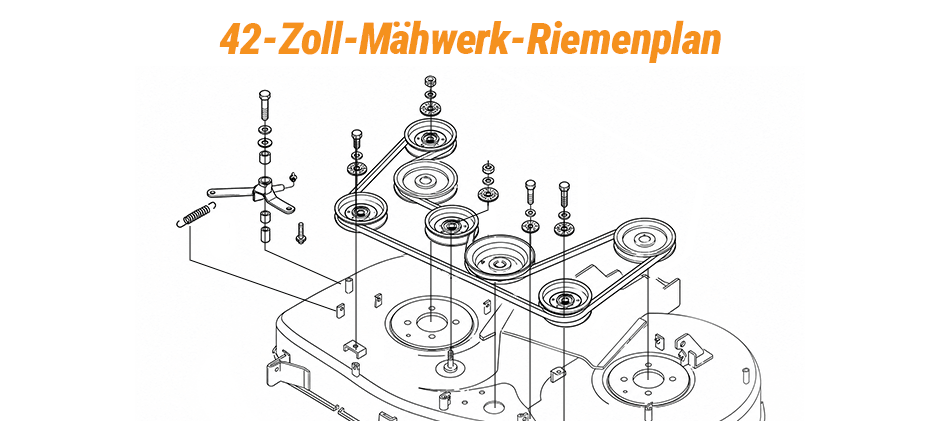 Detailierter Riemenplan für ein 42-Zoll-Kubota-Mähwerk mit dem Riemenverlauf um zwei Messerspindeln und mehrere Umlenkrollen.