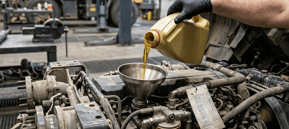 Mechanic pouring fresh hydraulic fluid into heavy off-road machinery using a metal funnel.