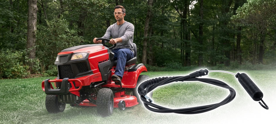 Man driving a red Craftsman riding mower after fixing the blade engagement cable.