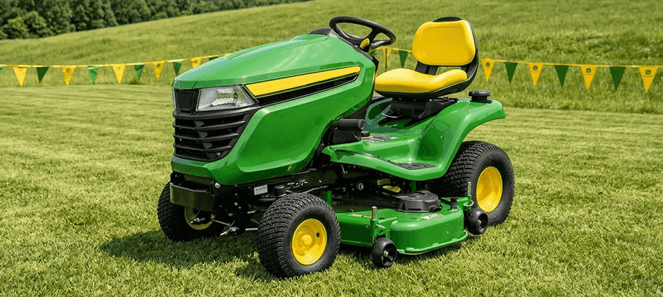 John Deere X330 riding mower displayed on green grass.
