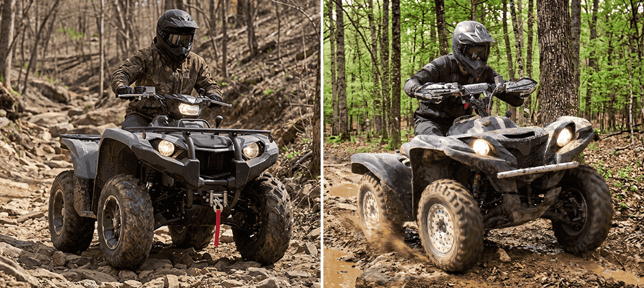Yamaha Kodiak 700 navigating rocks and Grizzly 700 splashing through a muddy trail.